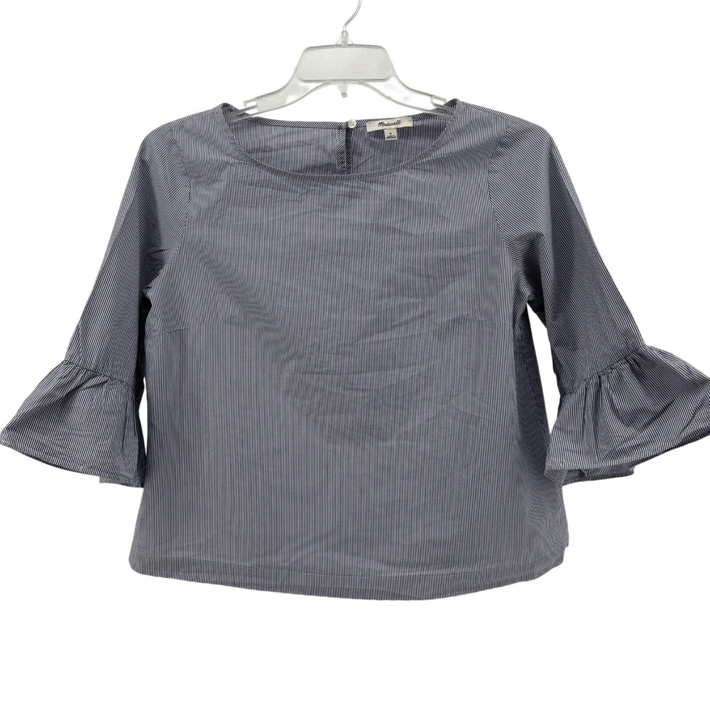Madewell Blouse Womens Medium Blue White Pinstripe Bell Sleeve Cotton Coastal